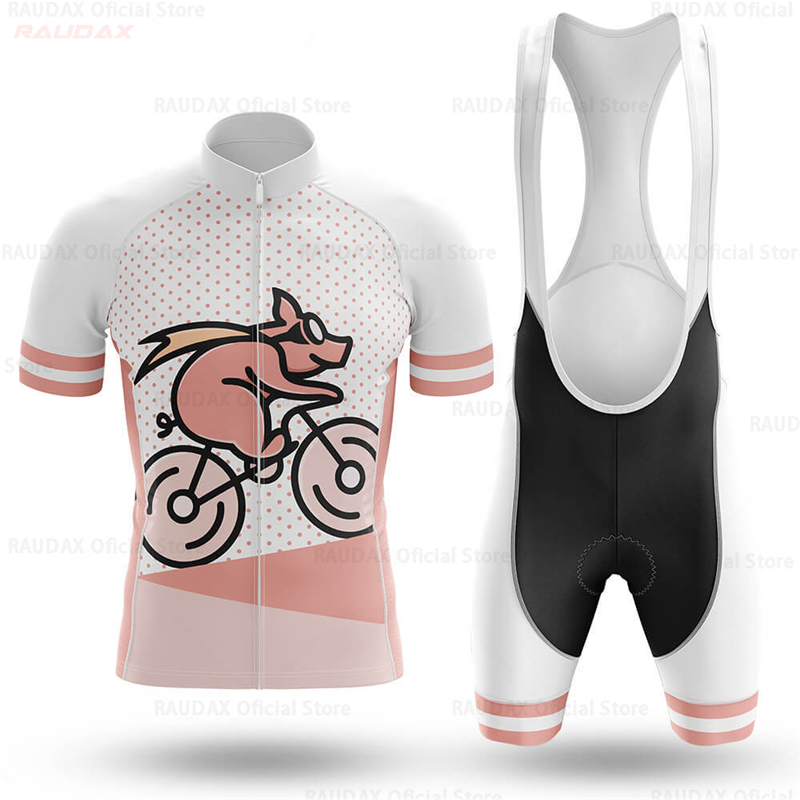 Cycling Gear For Sale - ชุดเสื้อปั่นจักรยานลายการ์ตูนหมูตลกสำหรับผู้ชาย สีชมพู พร้อมกางเกงขาสั้นแบบมีสายรัด สำหรับปั่นจักรยานเสือภูเขา - อุปกรณ์ปั่นจักรยานใหม่