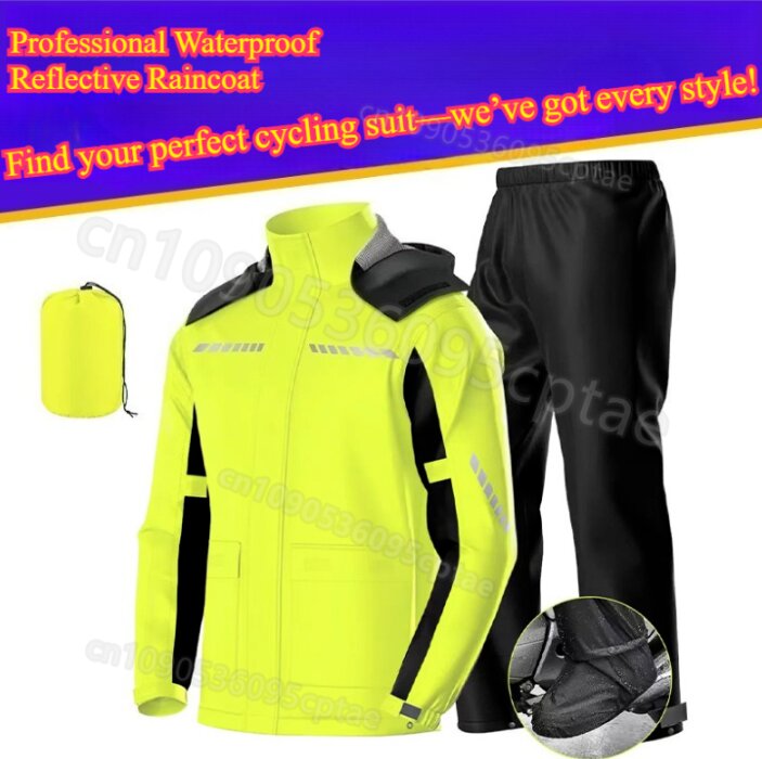 Cycling Gear Rain - ชุดกันฝนสำหรับขี่มอเตอร์ไซค์แบบแยกชิ้น – เสื้อแจ็คเก็ตกันลมน้ำหนักเบาและกางเกงสะท้อนแสงแบบพับได้สำหรับขี่มอเตอร์ไซค์และจักรยาน
